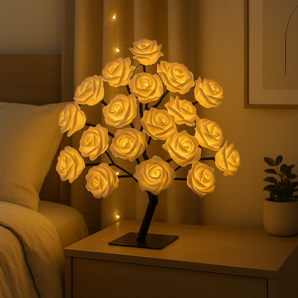 Lampe de Chevet LED Arbre de Roses – 24 Lumières USB, Branches Modulables pour Ambiance Romantique et Déco Élégante