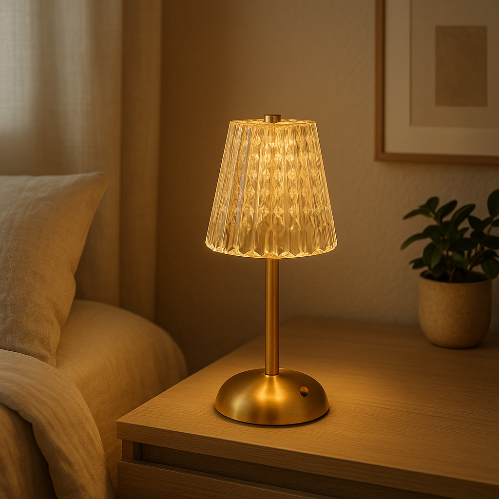 Lampe de Chevet Cristal Doré Rechargeable — Tactile LED Dimmable & Éclairage Chaud Élégant