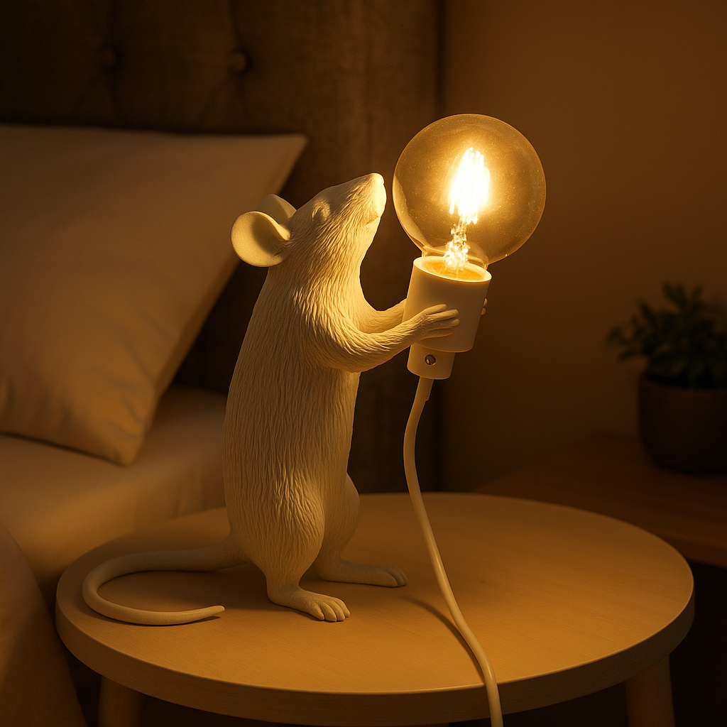 Lampe de Chevet LED Animale en Résine – Design Original Souris Tenant une Ampoule, Lumière Décorative et Moderne